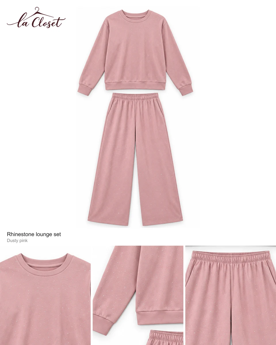 Rhinestone lounge set garment and detail views